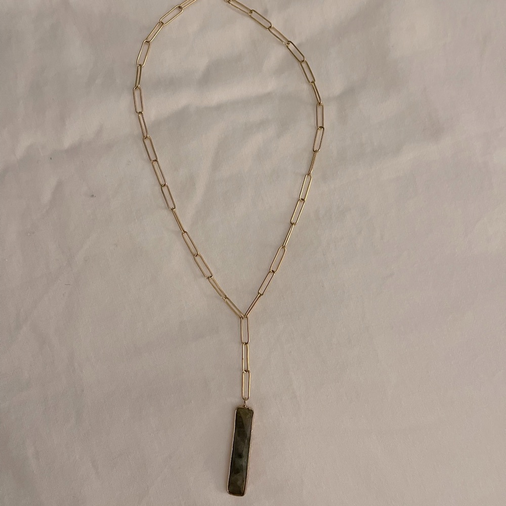 Anthropology necklace green stone gold linked chain